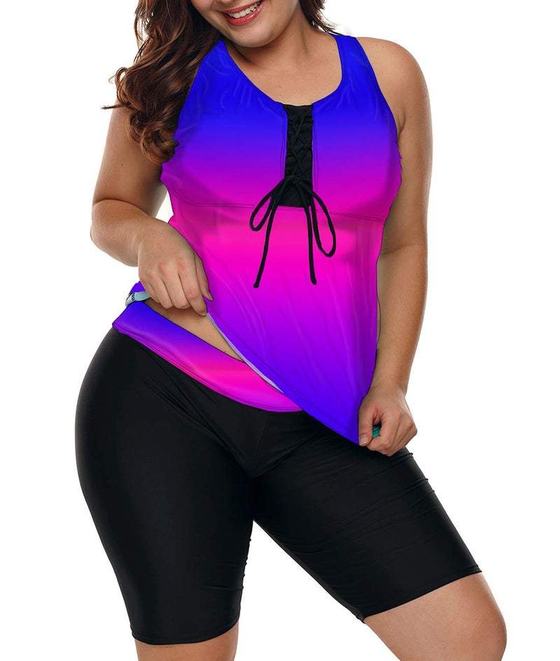 LALAGEN Womens 2026 Plus Size Tankini Swimsuits Rash Guard Capris Athletic Two Piece Swimwear Bathing Suits Blue Purple XXXL - Image 1